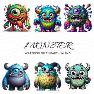 Imágenes prediseñadas de acuarela de monstruos, lindas criaturas digitales PNG, invitaciones a fiestas y manualidades, uso comercial de imágenes prediseñadas imprimibles de monstruos de dibujos animados