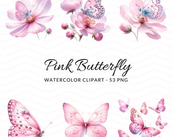 Clipart aquarel vlinder: bloemenillustraties (53 png, digitale download)