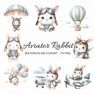 Aviator Rabbit Aquarell Clipart - Pilot Bunny & Flugzeuge PNGs, Kinderzimmer Dekor, Flugzeug, Hubschrauber, Heißluftballon, Kommerzielle Nutzung