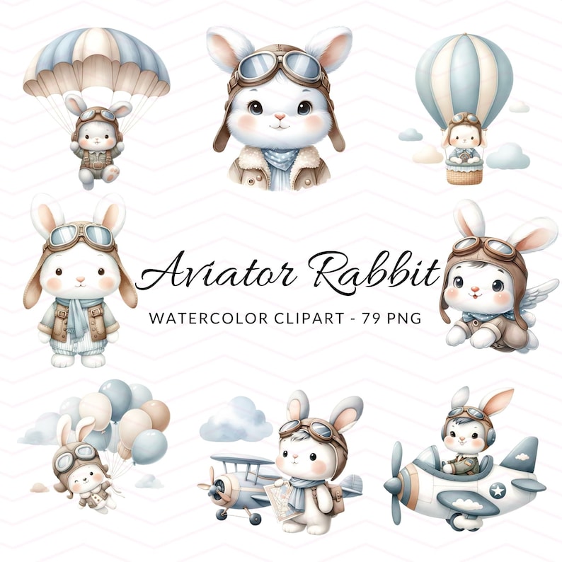 Aviator Rabbit Watercolor Clipart: Pilot Bunny Pngs, Nursery Decor ...