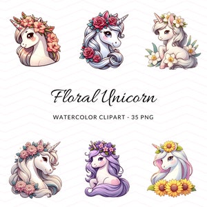 Grillige aquarel Unicorn clipart set, schattige eenhoorn digitale PNG, bloemen eenhoorns voor ambachten, geboorte maand bloem, planner stickers POD