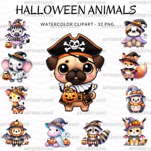 Halloween Animals Clipart Set, Cute Watercolor Digital Download, PNG Files for Sublimation, Stickers, Cute Animals, Safari, Woodland