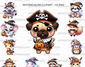 Set di clipart di animali di Halloween, download digitale di graziosi acquerelli, file PNG per sublimazione, adesivi, animali carini, safari, bosco