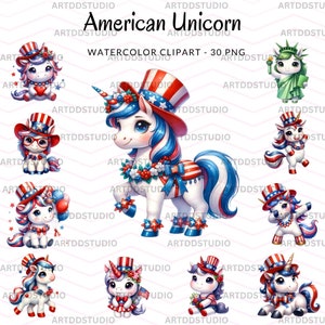Patriotic Unicorn Clipart - American Themed Watercolor PNG Collection, Watercolor Unicorn Clipart, Kawaii Unicorn Clipart, Unicorn PNG