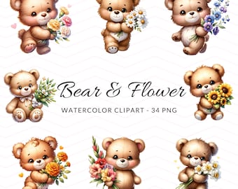 Watercolor Cute Bear Clipart, Bears with Flowers, Birth Month Flowers, Floral Clipart, Floral Bear PNG, Nursery Decor, Commercial Use