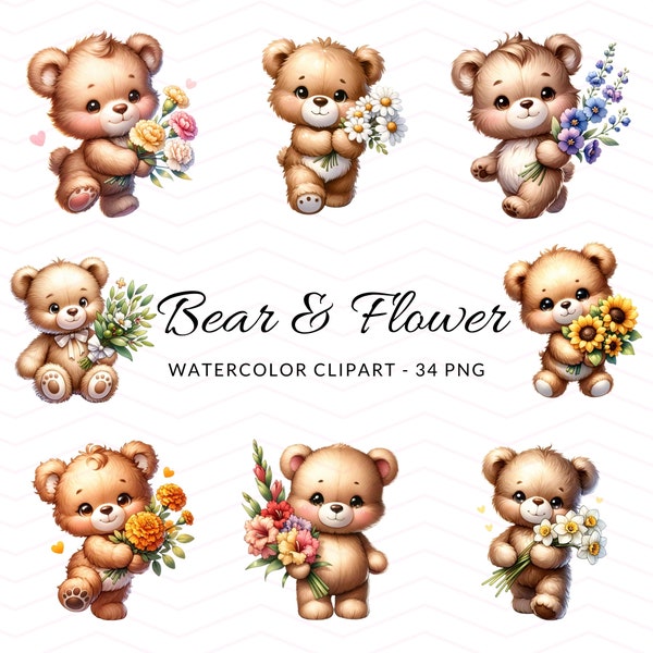 Watercolor Cute Bear Clipart, Bears with Flowers, Birth Month Flowers, Floral Clipart, Floral Bear PNG, Nursery Decor, Commercial Use