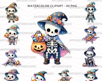 Cute Skeleton Halloween Clipart Bundle | 40 PNG Watercolor Digital Files | Witch Skeletons | Instant Download | Spooky Sublimation Clipart