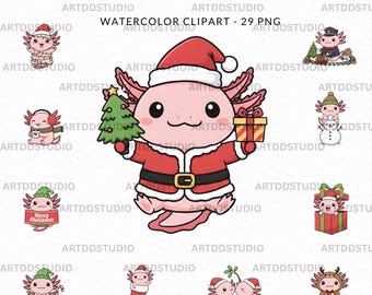 Christmas Axolotl Clipart V2 – 29 PNG Cute Holiday Axolotl, Watercolor Aesthetic, Sublimation PNGs, Stickers, Instant Download