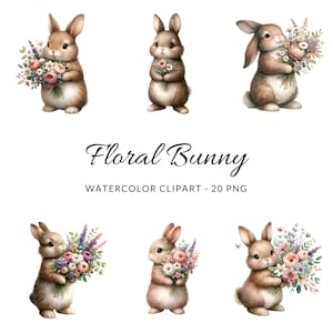 Floral Bunny Watercolor Clipart, Bunnies Clipart, Nursery Spring Clipart,Cherry Blossom Clipart,Easter Clipart,Spring Clipart,Floral Clipart