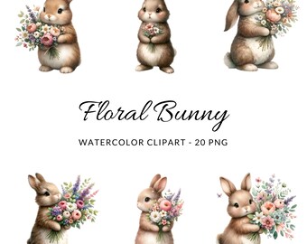 Watercolor Floral Bunny Clipart: Spring Nursery Art (Digital PNG)