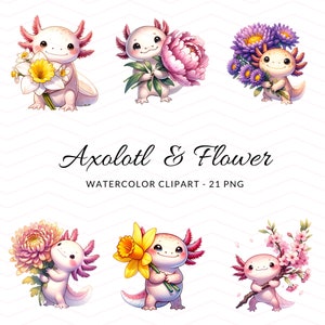 Floral Axolotl Watercolor Clipart, Cute Axolotls with Flowers PNG, Instant Download for Crafting, Commercial Use, Flower Clipart