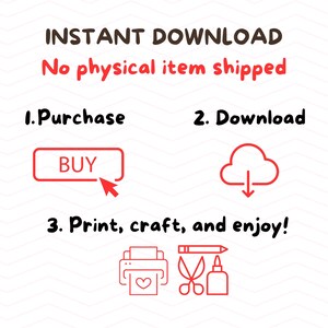 Op de afbeelding: Een grafische illustratie die de stappen laat zien om een digitaal product te downloaden. De stappen zijn: 1. Kopen, 2. Downloaden, 3. Afdrukken, knutselen en genieten! De illustratie bevat een rode knop met de tekst "KOPEN", een wolk met een pijl naar beneden en een printer, een schaar en lijm.