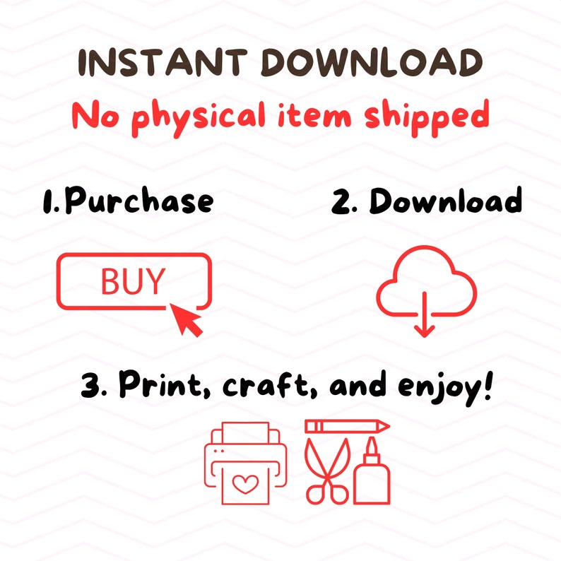 Op de afbeelding: Een grafische illustratie die de stappen laat zien om een digitaal product te downloaden. De stappen zijn: 1. Kopen, 2. Downloaden, 3. Afdrukken, knutselen en genieten! De illustratie bevat een rode knop met de tekst "KOPEN", een wolk met een pijl naar beneden en een printer, een schaar en lijm.