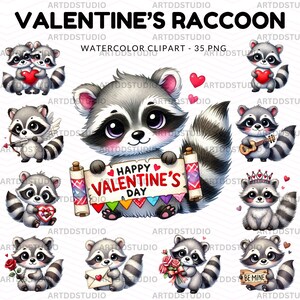 Valentine&#39;s Raccoon Clipart, Watercolor Cute Raccoon, Cupid Raccoon, Love Raccoon PNG for Sublimation, Scrapbooking & Crafts, Commercial Use