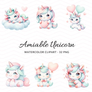 Charming Watercolor Unicorn Clipart - Pastel Digital Unicorns with Hearts - Instant Download for Crafts and Decor, Kawaii Cute Unicorn