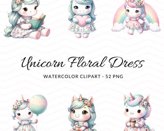 Pastell Einhorn Clipart: Aquarell Blumenkleid PNG (digitaler Download)