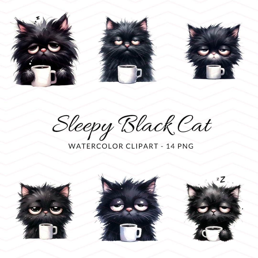 Coffee Lover Black Cat Clipart - Sleepy & Grumpy Cat Illustrations - 14 ...