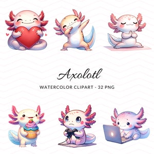 Entzückende Axolotl Clipart Sammlung - süße Aquarell Axolotl PNGs, Sofort Download zum Basteln, digitales Design, kommerzielle Nutzung,