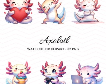 愛らしいアホロートルのクリップアートコレクション - かわいい水彩アホロートルのPNG、クラフト、デジタルデザイン、商用利用のための即時ダウンロード、