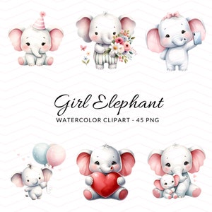 Watercolor Baby Girl Elephant Clipart Collection, Digital Download PNG, Cute Nursery Decor, Printable Elephant Illustrations for Sublimation
