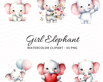 Watercolor Baby Girl Elephant Clipart: Nursery Decor PNG (Digital Download)