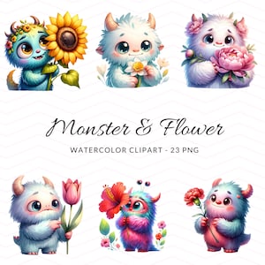 Verzauberte Blumen Monster Clipart - Niedliche Aquarell Kreaturen mit Blumen PNG - Digitaler Download für Handwerk & Design, Niedliche Monster Clipart