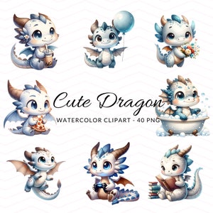 Charmanter Baby Drache Aquarell Clipart, niedlicher Drache PNG-Dateien für Kunsthandwerk & Einladungen - Sofortiger digitaler Download, Kinder-Kinderzimmer-Dekor