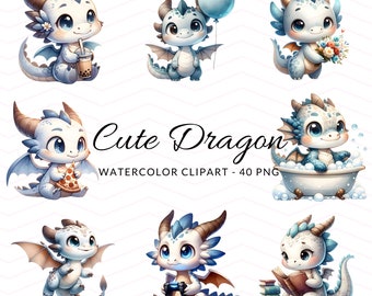 May include: A set of nine digital illustrations of cute blue and white dragons in various poses. The dragons are holding objects such as a boba tea, pizza, a balloon, flowers, a book, a video game controller, and a bath. The text "Cute Dragon Watercolor Clipart - 40 PNG" is at the bottom of the image.