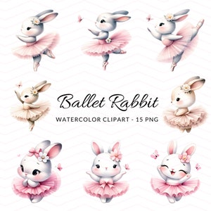 Aquarell Ballett Bunnies Clipart, Aquarell Kaninchen Grafik, Ballerina Kaninchen PNG, Ballett Bunnies im Tutu-Kleid, Blumentanz Illustrationen