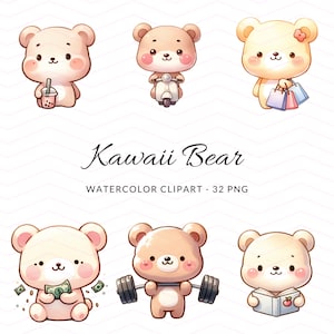 Kawaii Bär Aquarell Clipart - süsser Bär PNGs zum digitalen Download - bezaubernde Illustrationen zum Basteln und Dekorieren, Aufkleber Bär, Bubble Tea