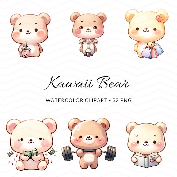 Kawaii Bear Watercolor Clipart - Cute Bear PNGs for Digital Download - Charming Illustrations for Crafts and Decor, Sticker Bear, Bubble Tea