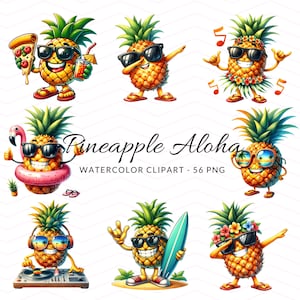 Clipart de acuarela de piña, fiesta tropical, piña con gafas de sol, Aloha, playa, Hawái, hawaiano, ambiente de verano, imágenes prediseñadas de sublimación
