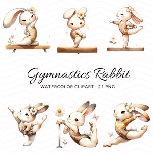 Adorable Gymnastics Bunny Clipart, Gymnast Rabbit Illustrations, Printable Art for Kids, Gymnastics Clipart, Watercolor Gym, Commercial Use