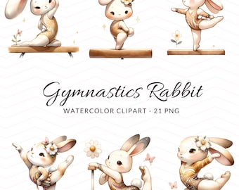 Gymnastics Bunny Clipart: Watercolor Rabbit Illustrations (Digital PNG)