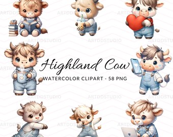 Watercolor Highland Cow Clipart: 58 PNG Files (Digital Download)
