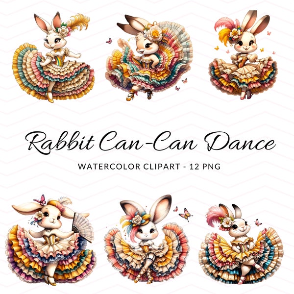 Can-Can Dance Rabbit Watercolor Clipart - Watercolor Rabbit Graphic, Digital Download for Crafting, Sublimation, Cute Bunny Clipart