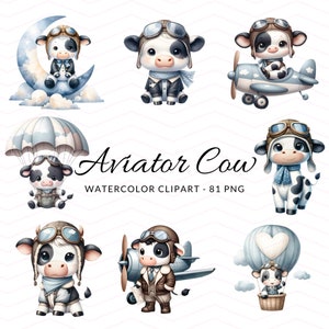 Clipart de aquarela de vaca aviadora - vaca piloto e aviões PNG, decoração de berçário infantil, avião, helicóptero PNG, balão de ar quente, uso comercial