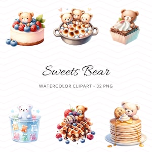 Sweet Treat Bears Watercolor Clipart, Cute Dessert Bear, Watercolor Deserts Clipart, Candy Clipart,Watercolor Sweets Clipart,Nursery Clipart