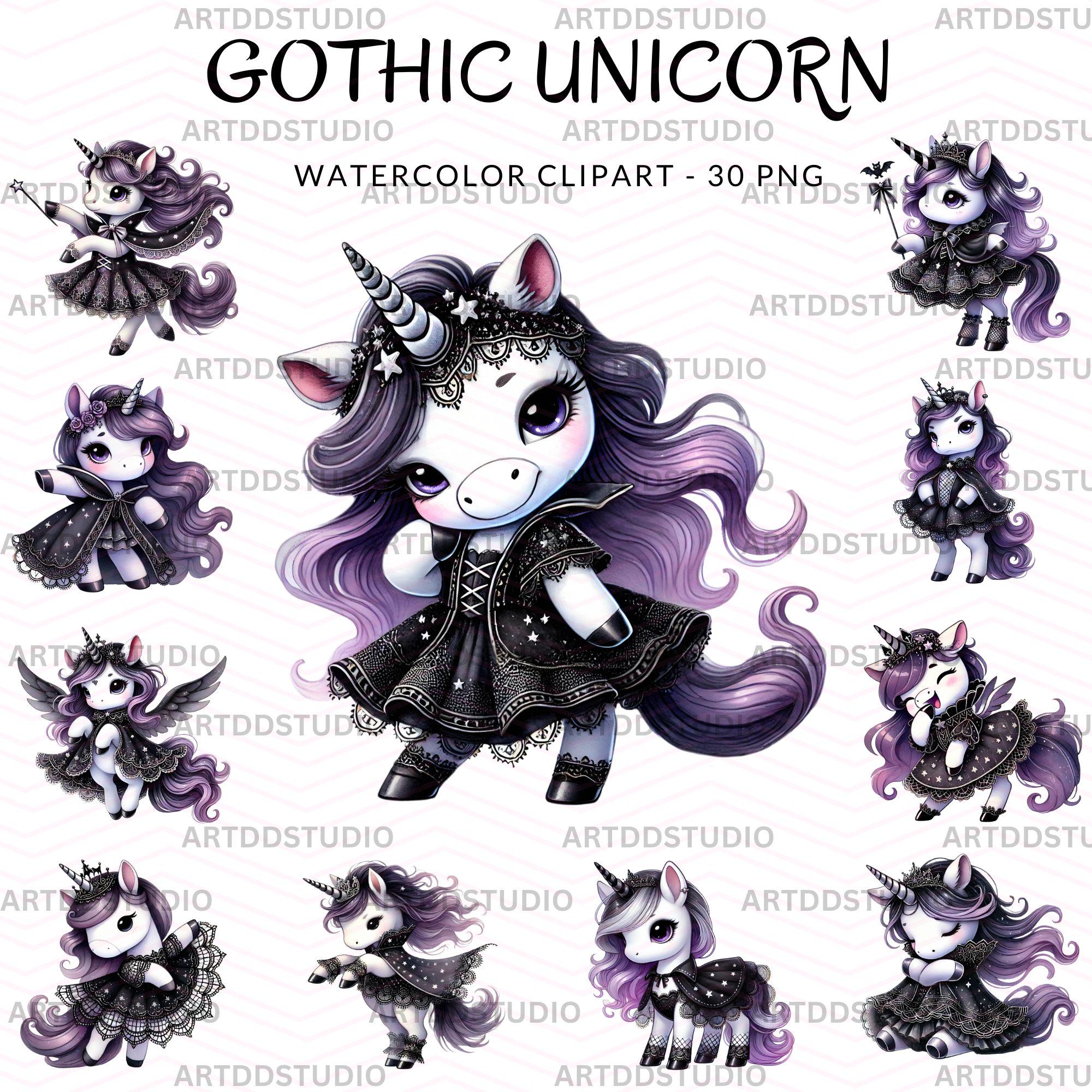 Gothic Unicorn Clipart Set, Dark Fantasy Watercolor Digital Download, PNG Files for Sublimation, Crafts, Stickers, Halloween, Cute Unicorn