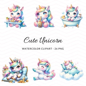 気まぐれなユニコーンの水彩画のクリップアート、かわいいユニコーン、即時ダウンロード、虹のクリップアート、魔法のユニコーンのグラフィック、ユニコーンの日常生活