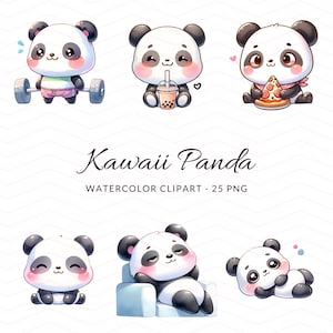 Set di clipart Kawaii Panda - PNG digitale carino acquerello Panda, download istantaneo per artigianato e design, uso commerciale