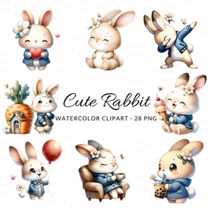 Clipart de coelho fofo em aquarela encantador, clipart de coelho fofo, clipart de coelho fofo em aquarela, clipart de coelhinhos em aquarela - download digital