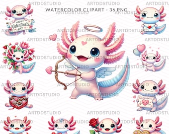 May include: A set of ten digital illustrations featuring cute pink axolotls in various Valentine's Day themed poses. The axolotls are holding hearts, arrows, flowers, and gifts. The illustrations are perfect for creating cards, invitations, or other Valentine's Day crafts.
