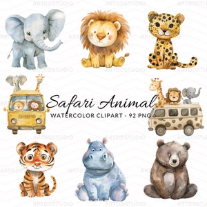 Clipart aquarelle animaux safari - aquarelle jungle amis PNG ensemble - téléchargement immédiat pour travaux manuels et décoration, safari dans la jungle PNG, baby shower