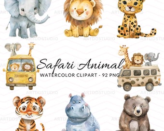 Watercolor Safari Animal Clipart: Jungle Friends PNG Set (92 Images) (Digital Download)
