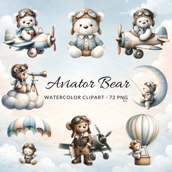 Aviator Bear Watercolor Clipart - Pilot Teddy & Airplanes PNGs, Kids Nursery Decor, airplane, helicopter, hot air balloon, Commercial Use