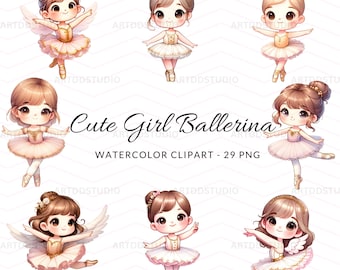 May include: Set of seven digital watercolor illustrations of cute girls dressed as ballerinas. The girls have different hairstyles and are wearing pink and gold tutus. The illustrations are perfect for creating invitations, cards, or other digital projects.