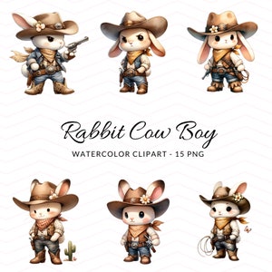 Rustikale Cowboy Kaninchen Clipart, Western digitale Bilder, Aquarell Cowboy Kaninchen Clipart, Kaninchen Cowboy, sofortiger Download, Handwerk und Design