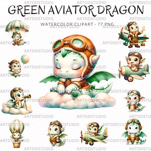 Clipart de acuarela de dragón aviador verde, dragón piloto y aviones, decoración de guardería para niños, avión, helicóptero, globo aerostático, uso comercial