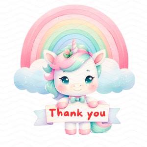 Op de afbeelding: Een schattig cartoon-einhorn met een roze en groene manen en staart, die een bord vasthoudt met de tekst "Bedankt". Het eenhoorn staat voor een regenboog en een wolk.